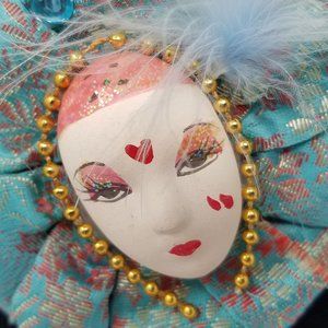 Vintage Mask Brooch, Exotic Ceramic Hand painted Mask, Unique Jewelry Gift Mask